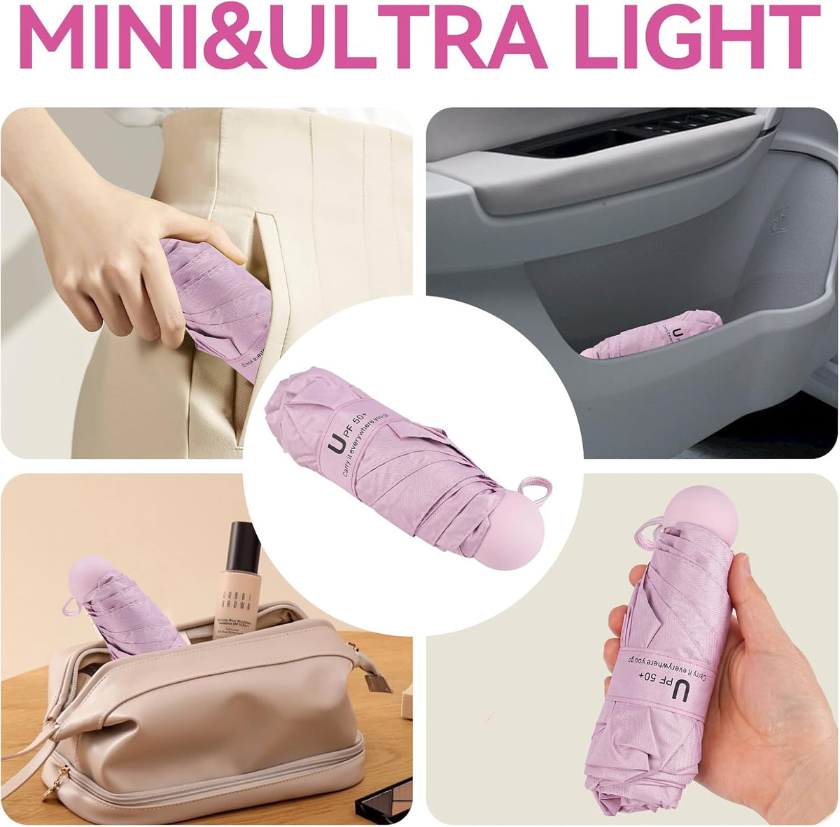 Mini Umbrella for Travel, Compact Folding Umbrella with Case, Lightweight 0.45lb Small Pocket for Backpack and Purse, Rain and Sun Protection - UPF 50+ Windproof Travel Umbrella Compact Mini for Outdoor Use