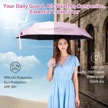 Mini Umbrella for Travel, Compact Folding Umbrella with Case, Lightweight 0.45lb Small Pocket for Backpack and Purse, Rain and Sun Protection - UPF 50+ Windproof Travel Umbrella Compact Mini for Outdoor Use