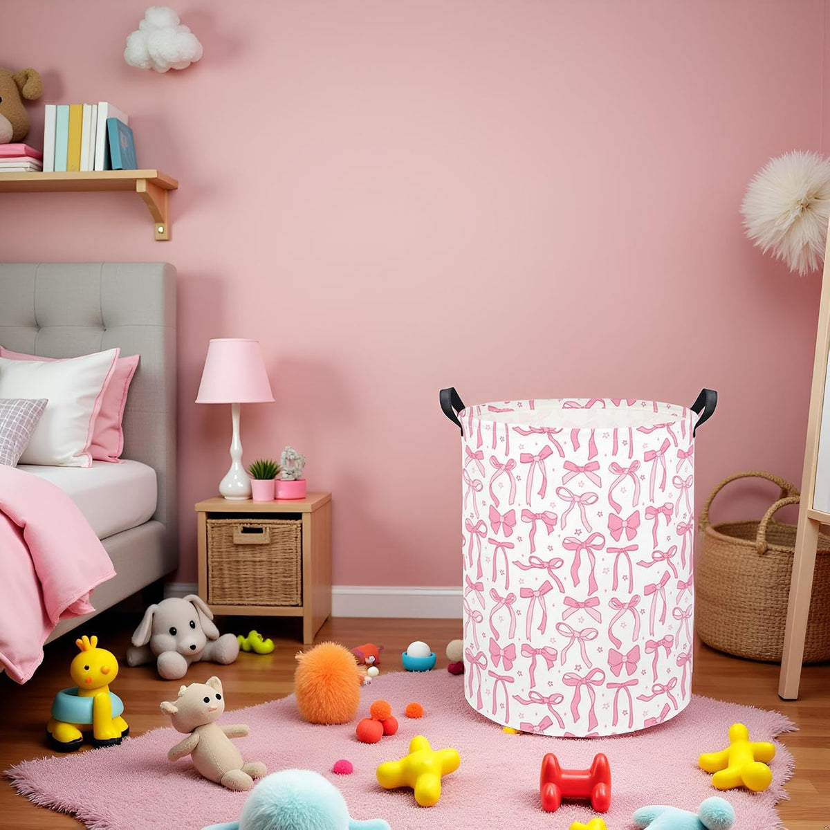 Baby Laundry Basket Kids Hamper Toy Storage Bin for Boys Room Decor Baby Nursery Hamper Gift Baskets for Bedroom Bathroom(Pink Bowknot)