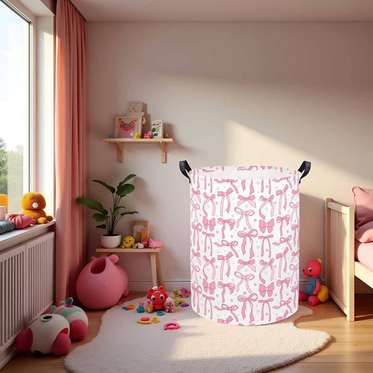 Baby Laundry Basket Kids Hamper Toy Storage Bin for Boys Room Decor Baby Nursery Hamper Gift Baskets for Bedroom Bathroom(Pink Bowknot)