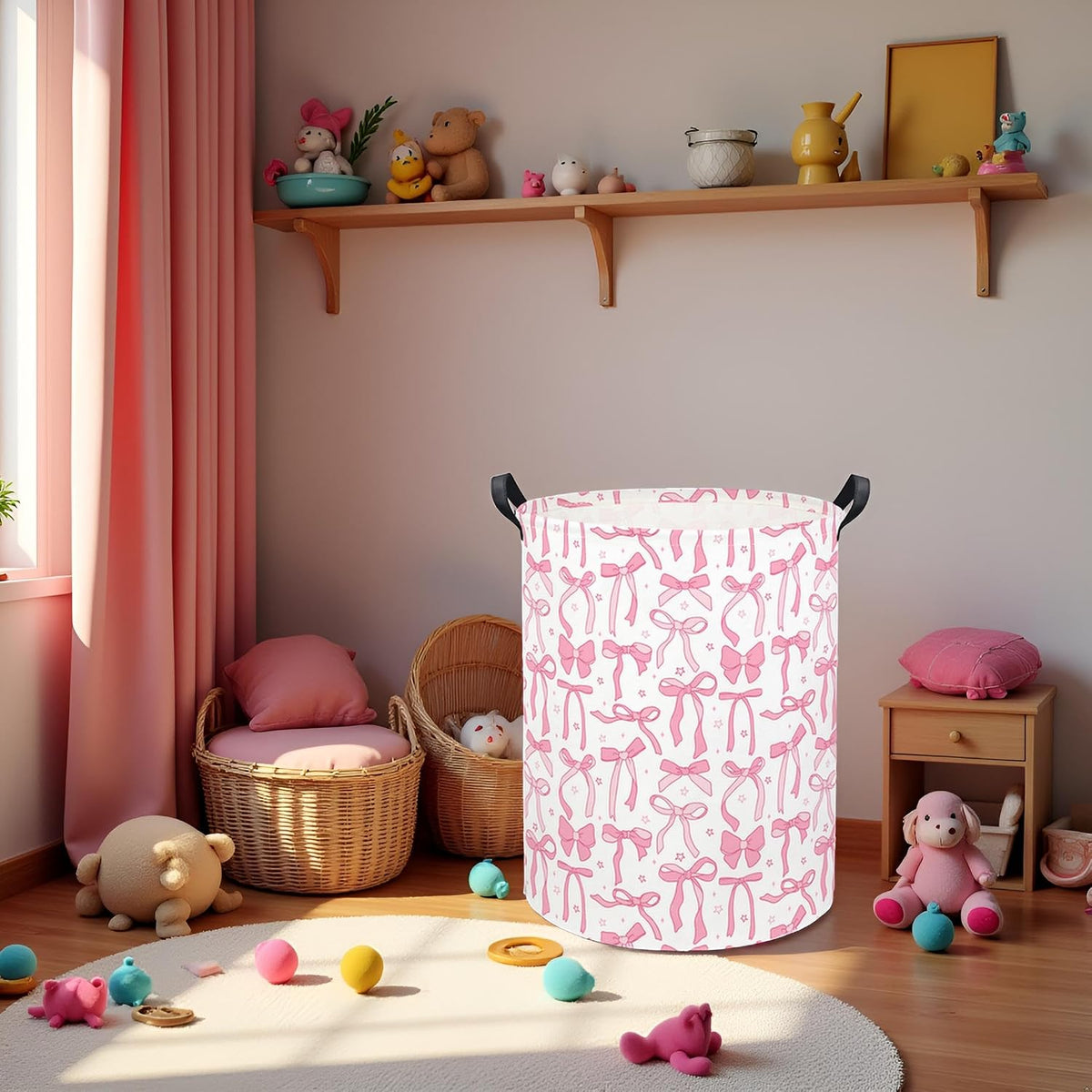Baby Laundry Basket Kids Hamper Toy Storage Bin for Boys Room Decor Baby Nursery Hamper Gift Baskets for Bedroom Bathroom(Pink Bowknot)