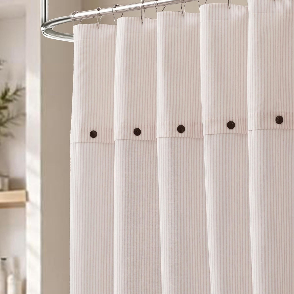 Fabric Shower Curtain 72 x 72 Inch, Minimal Pink Stripe Bathroom Curtain, Linen-Look Poly-Cotton Blend with Decorative Coconut Buttons, Warm, Cozy Accent with a Gentle Touch (LQ-45)