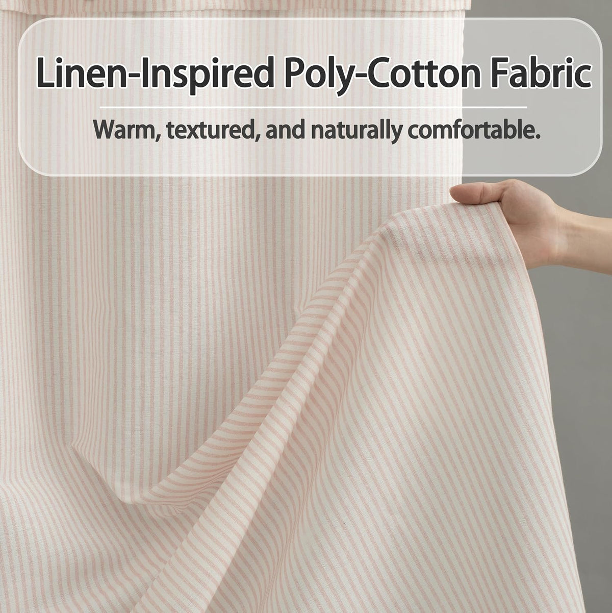 Fabric Shower Curtain 72 x 72 Inch, Minimal Pink Stripe Bathroom Curtain, Linen-Look Poly-Cotton Blend with Decorative Coconut Buttons, Warm, Cozy Accent with a Gentle Touch (LQ-45)