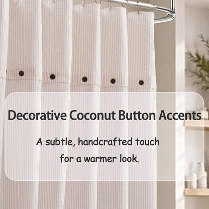 Fabric Shower Curtain 72 x 72 Inch, Minimal Pink Stripe Bathroom Curtain, Linen-Look Poly-Cotton Blend with Decorative Coconut Buttons, Warm, Cozy Accent with a Gentle Touch (LQ-45)