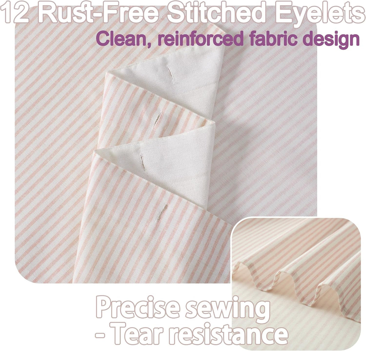Fabric Shower Curtain 72 x 72 Inch, Minimal Pink Stripe Bathroom Curtain, Linen-Look Poly-Cotton Blend with Decorative Coconut Buttons, Warm, Cozy Accent with a Gentle Touch (LQ-45)