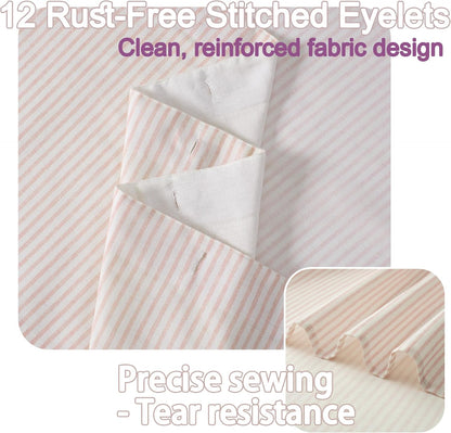 Fabric Shower Curtain 72 x 72 Inch, Minimal Pink Stripe Bathroom Curtain, Linen-Look Poly-Cotton Blend with Decorative Coconut Buttons, Warm, Cozy Accent with a Gentle Touch (LQ-45)