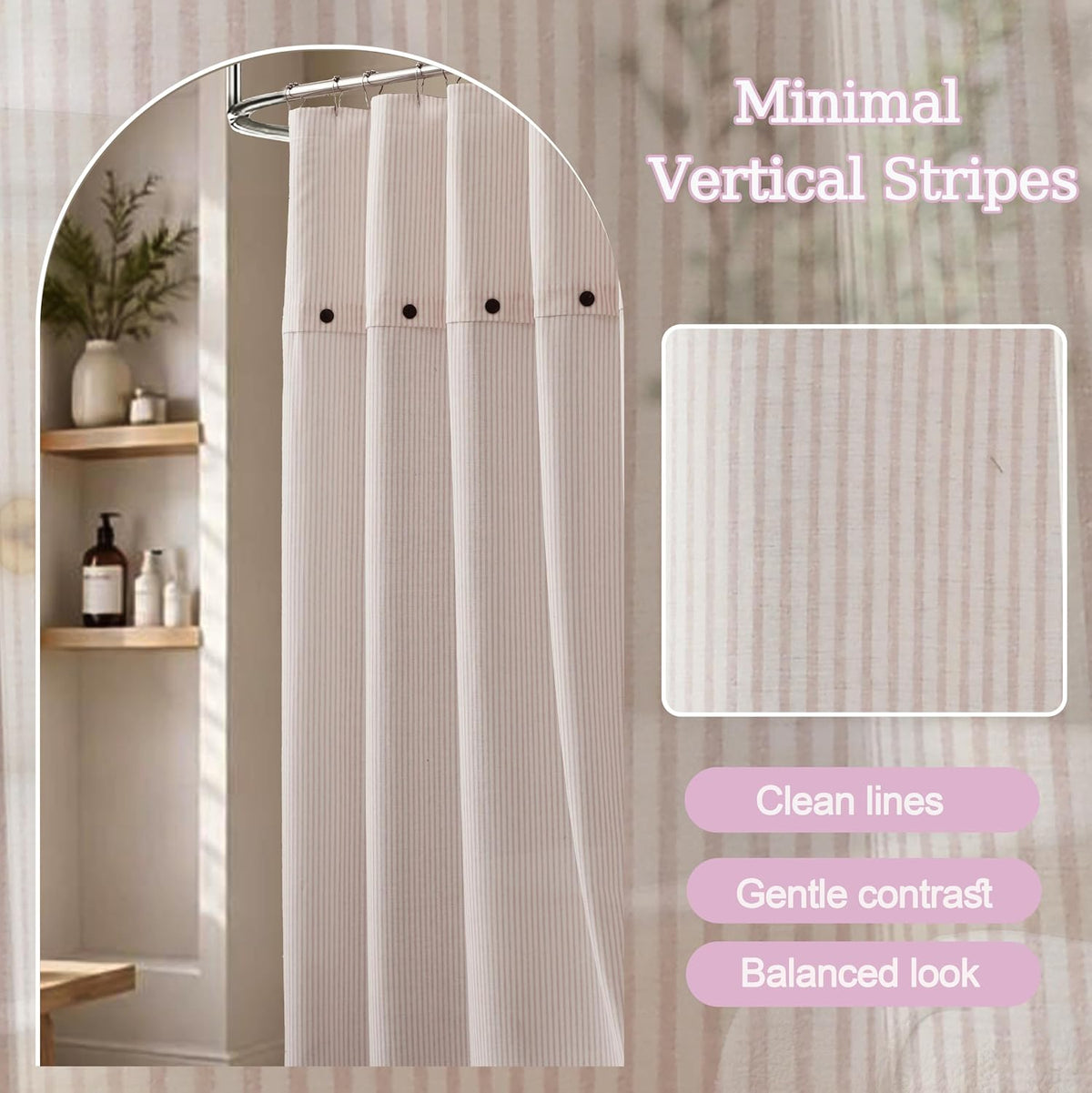 Fabric Shower Curtain 72 x 72 Inch, Minimal Pink Stripe Bathroom Curtain, Linen-Look Poly-Cotton Blend with Decorative Coconut Buttons, Warm, Cozy Accent with a Gentle Touch (LQ-45)