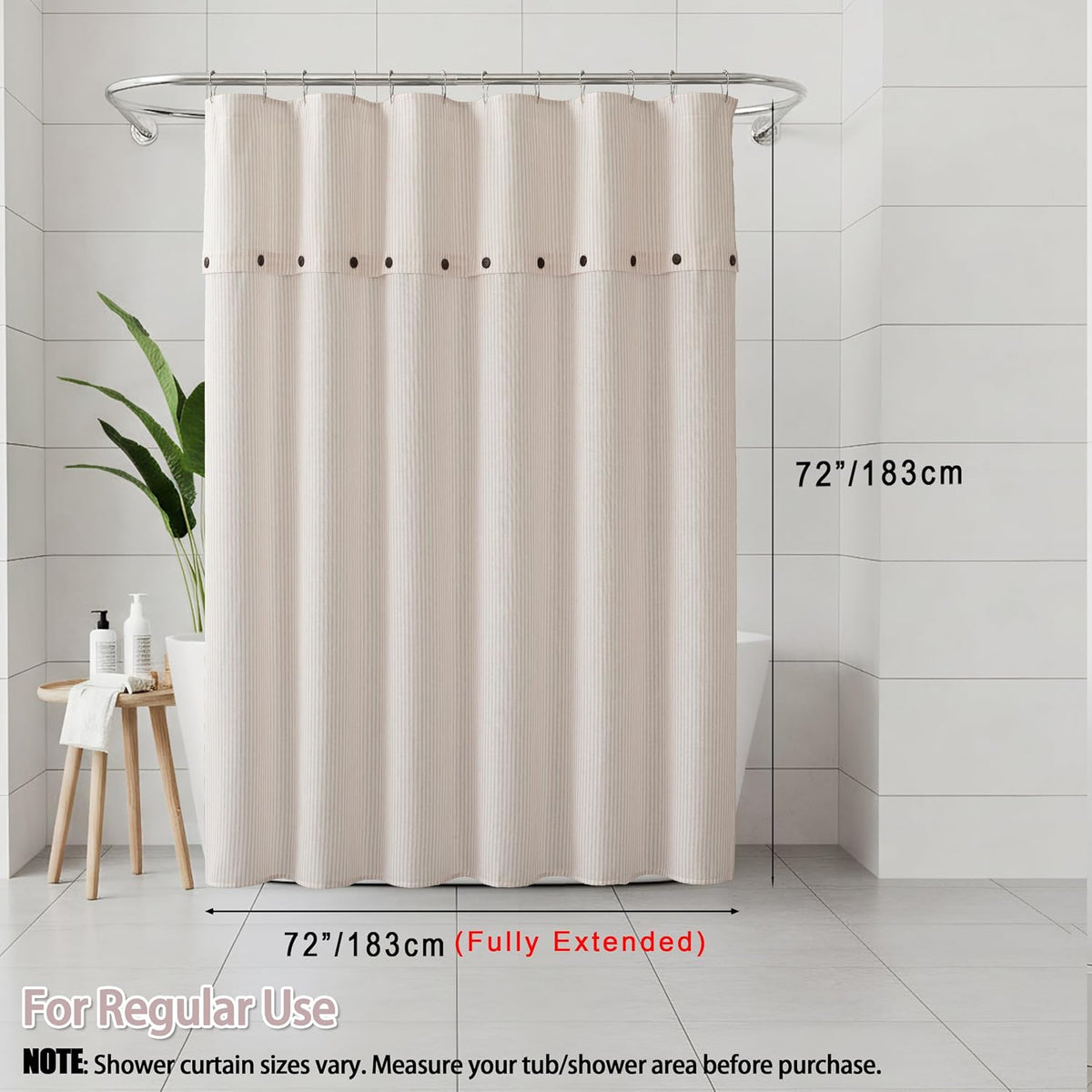 Fabric Shower Curtain 72 x 72 Inch, Minimal Pink Stripe Bathroom Curtain, Linen-Look Poly-Cotton Blend with Decorative Coconut Buttons, Warm, Cozy Accent with a Gentle Touch (LQ-45)