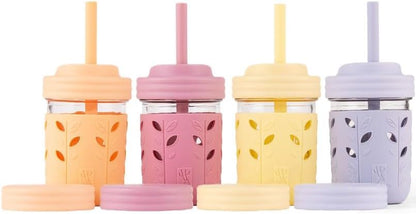 Kids + Toddler Glass Cups | The Original 8oz Glass Mason Jar with Sleeves + Lids | Silicone Straws + Stopper | Smoothie Cup | Food Storage | Spill Resistant | Dishwasher Safe | 4 Pack