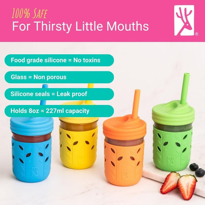 Kids + Toddler Glass Cups | The Original 8oz Glass Mason Jar with Sleeves + Lids | Silicone Straws + Stopper | Smoothie Cup | Food Storage | Spill Resistant | Dishwasher Safe | 4 Pack