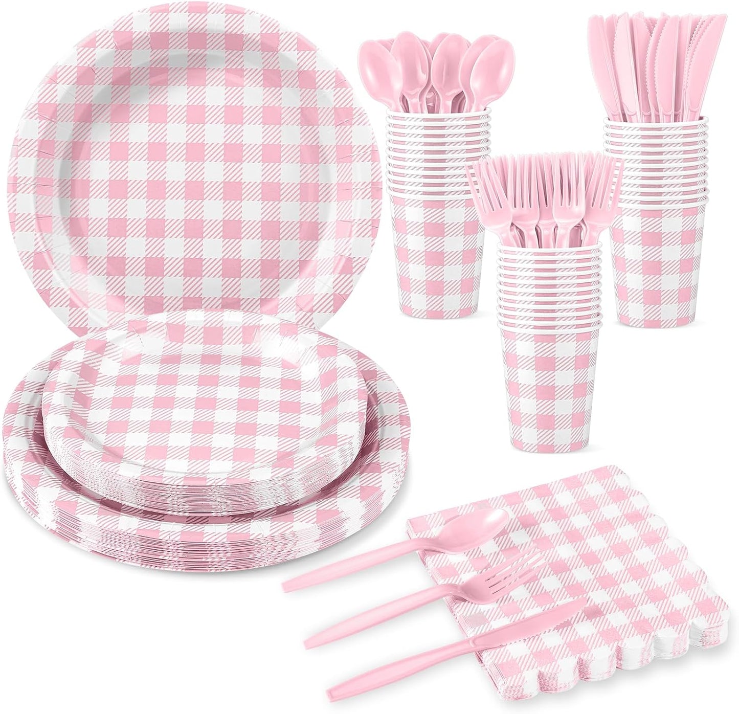 175 Pcs Pink Gingham Party Supplies Include Pink Gingham Plates and Napkins Cups Disposable Checkered Dinnerware Set for Picnic, Baby Bridal Shower, Wedding Decorations