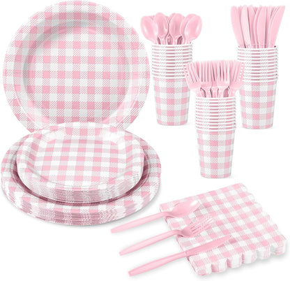 175 Pcs Pink Gingham Party Supplies Include Pink Gingham Plates and Napkins Cups Disposable Checkered Dinnerware Set for Picnic, Baby Bridal Shower, Wedding Decorations