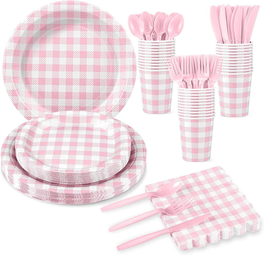 175 Pcs Pink Gingham Party Supplies Include Pink Gingham Plates and Napkins Cups Disposable Checkered Dinnerware Set for Picnic, Baby Bridal Shower, Wedding Decorations