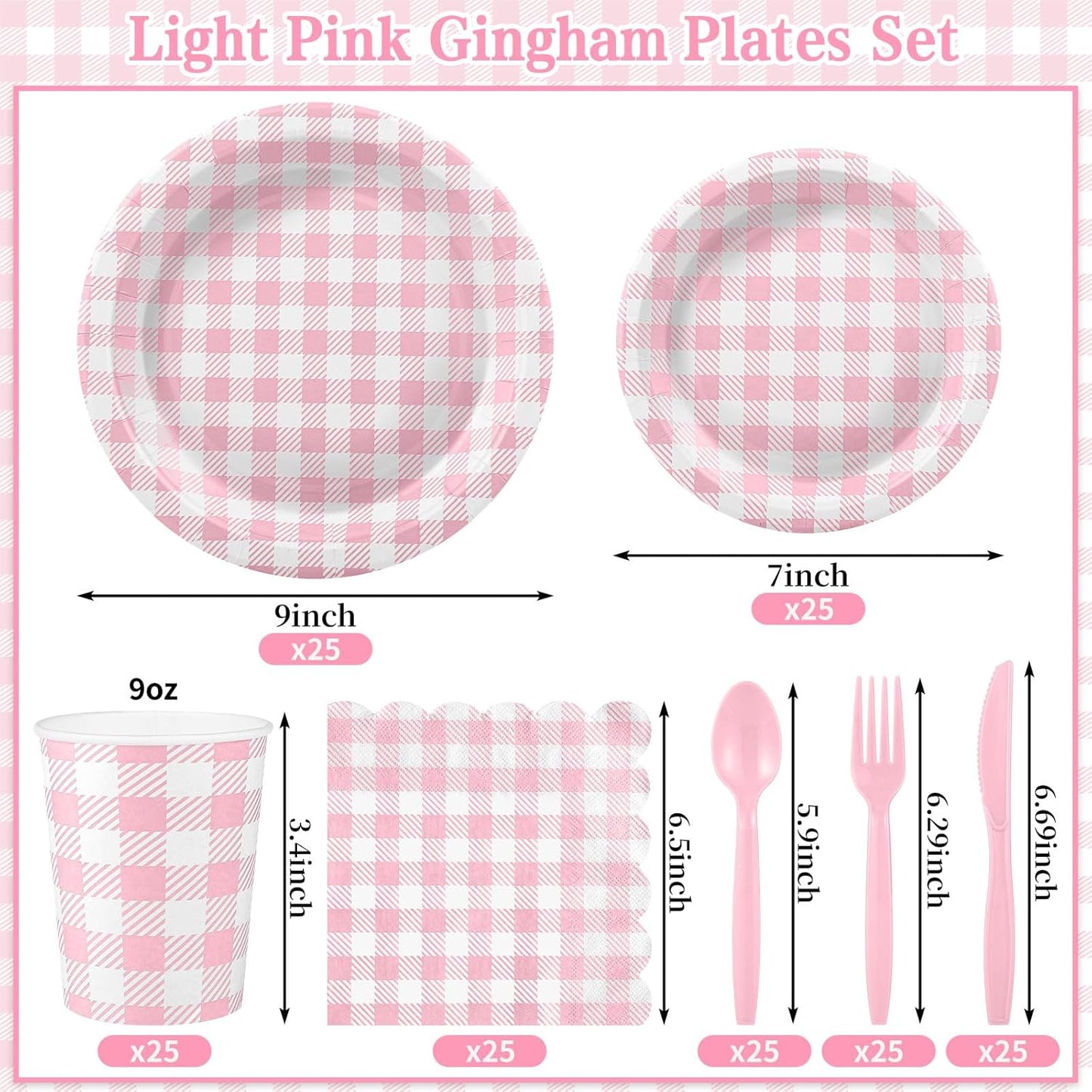 175 Pcs Pink Gingham Party Supplies Include Pink Gingham Plates and Napkins Cups Disposable Checkered Dinnerware Set for Picnic, Baby Bridal Shower, Wedding Decorations