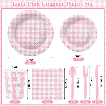 175 Pcs Pink Gingham Party Supplies Include Pink Gingham Plates and Napkins Cups Disposable Checkered Dinnerware Set for Picnic, Baby Bridal Shower, Wedding Decorations