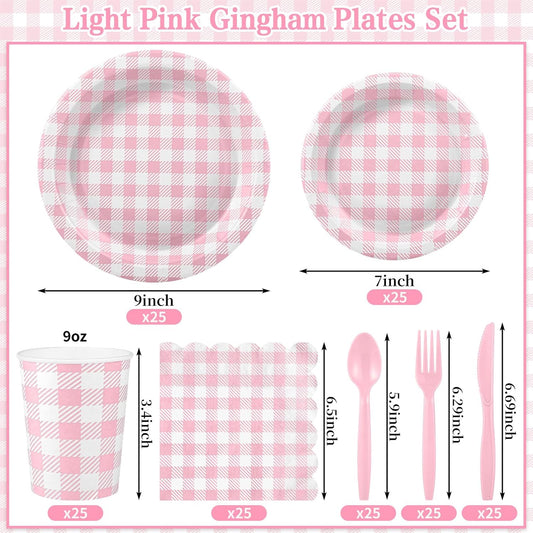 175 Pcs Pink Gingham Party Supplies Include Pink Gingham Plates and Napkins Cups Disposable Checkered Dinnerware Set for Picnic, Baby Bridal Shower, Wedding Decorations
