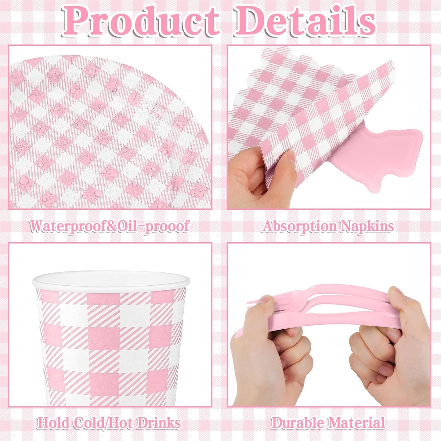 175 Pcs Pink Gingham Party Supplies Include Pink Gingham Plates and Napkins Cups Disposable Checkered Dinnerware Set for Picnic, Baby Bridal Shower, Wedding Decorations