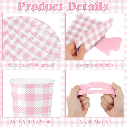 175 Pcs Pink Gingham Party Supplies Include Pink Gingham Plates and Napkins Cups Disposable Checkered Dinnerware Set for Picnic, Baby Bridal Shower, Wedding Decorations