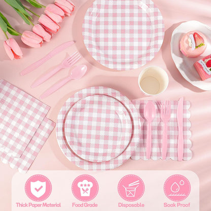 175 Pcs Pink Gingham Party Supplies Include Pink Gingham Plates and Napkins Cups Disposable Checkered Dinnerware Set for Picnic, Baby Bridal Shower, Wedding Decorations