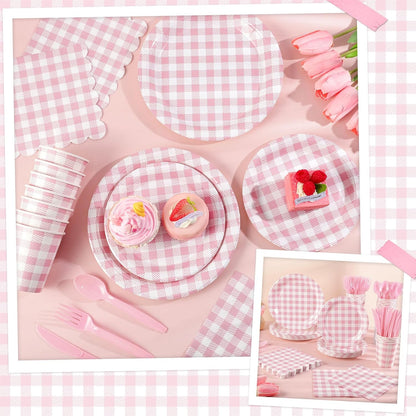 175 Pcs Pink Gingham Party Supplies Include Pink Gingham Plates and Napkins Cups Disposable Checkered Dinnerware Set for Picnic, Baby Bridal Shower, Wedding Decorations