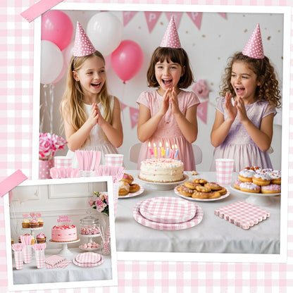 175 Pcs Pink Gingham Party Supplies Include Pink Gingham Plates and Napkins Cups Disposable Checkered Dinnerware Set for Picnic, Baby Bridal Shower, Wedding Decorations