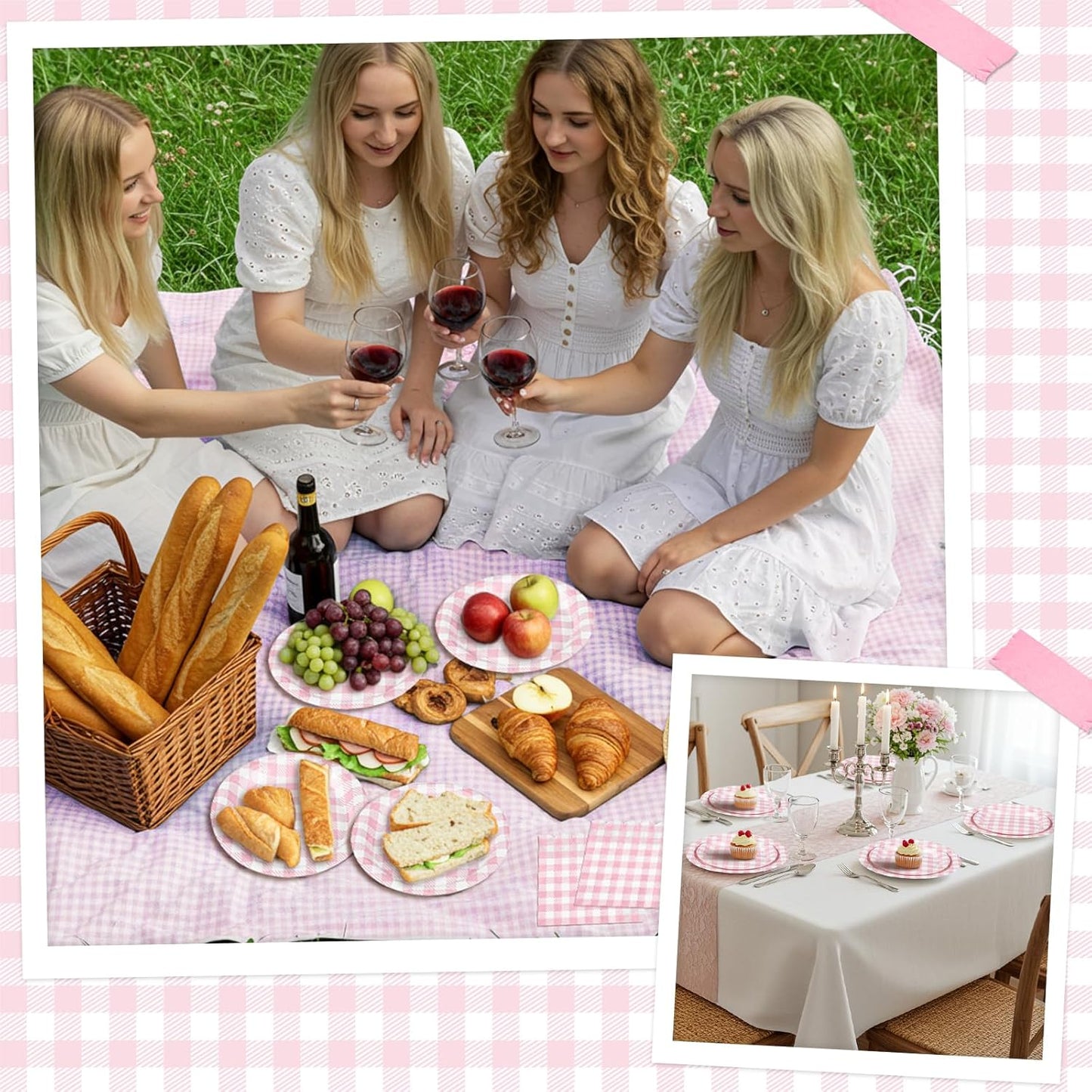 175 Pcs Pink Gingham Party Supplies Include Pink Gingham Plates and Napkins Cups Disposable Checkered Dinnerware Set for Picnic, Baby Bridal Shower, Wedding Decorations