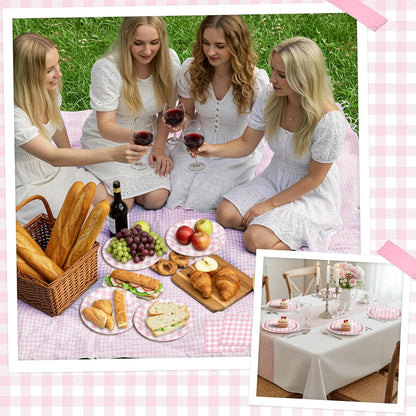 175 Pcs Pink Gingham Party Supplies Include Pink Gingham Plates and Napkins Cups Disposable Checkered Dinnerware Set for Picnic, Baby Bridal Shower, Wedding Decorations