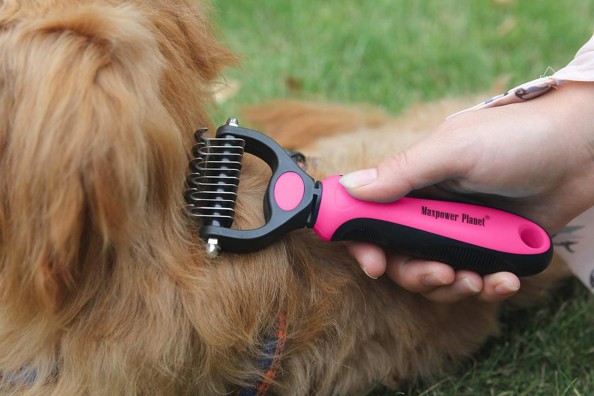 Pet Grooming Brush - Double Sided Undercoat Rake for Dogs & Cats, Extra Wide Brush to Reduce Shedding by 95% (Pink, S)