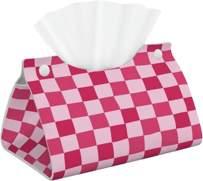 Pink Checkerboard Pattern Rectangle Tissue Box Cover PVC Faux Leather Tissue Boxes Holder Lightweight Tissue Box Cube for Bathroom Home Car Office