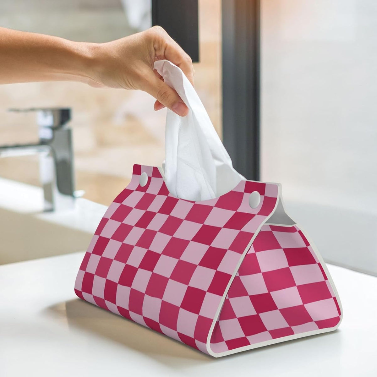 Pink Checkerboard Pattern Rectangle Tissue Box Cover PVC Faux Leather Tissue Boxes Holder Lightweight Tissue Box Cube for Bathroom Home Car Office