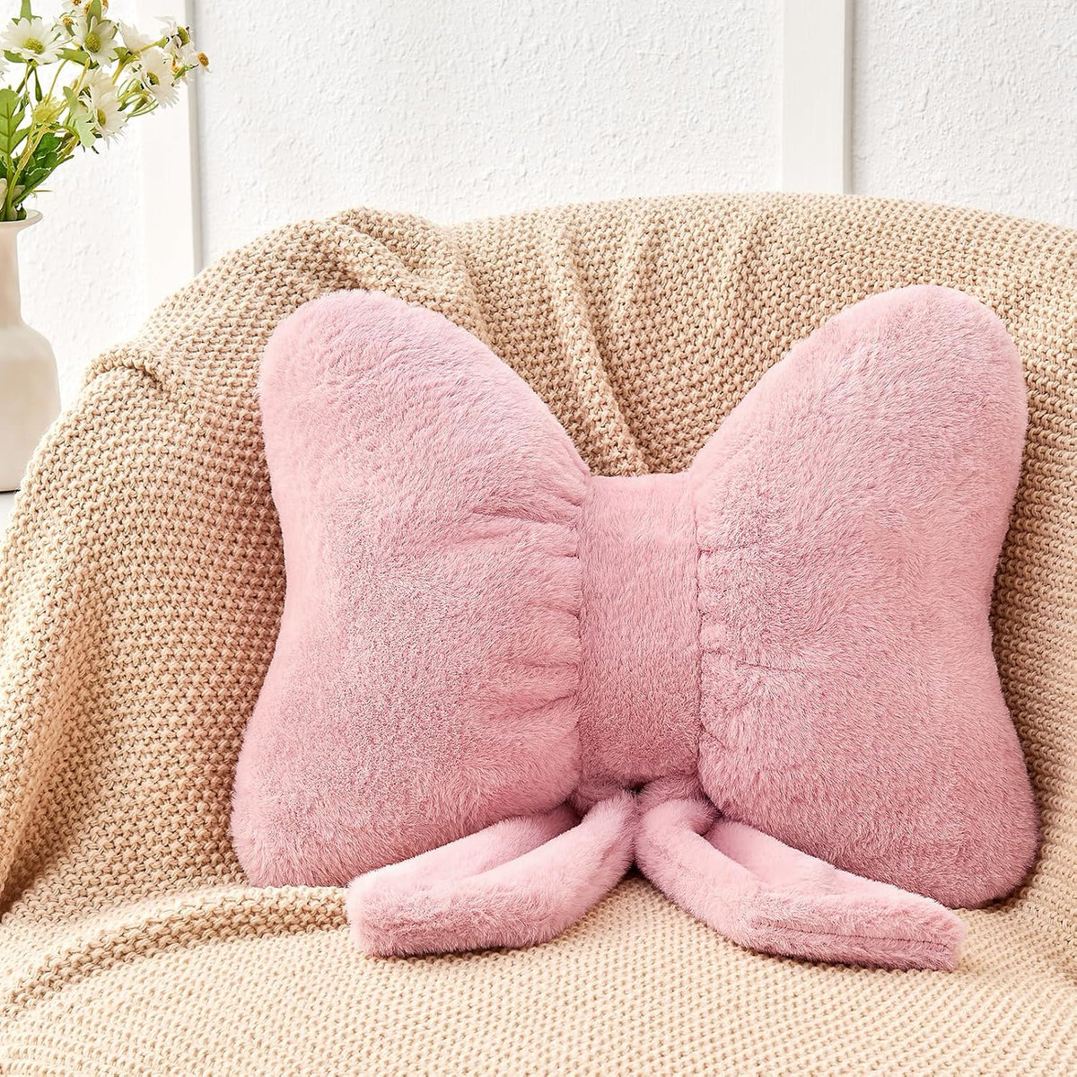 Dusty Pink Bow Pillow,12'' Bow Decorative Pillows with Faux Rabbit Fur,Soft Bow Throw Pillows Aesthetic Bow Shaped Pillow for Bed Sofa Couch Home Decor