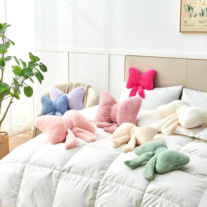 Dusty Pink Bow Pillow,12'' Bow Decorative Pillows with Faux Rabbit Fur,Soft Bow Throw Pillows Aesthetic Bow Shaped Pillow for Bed Sofa Couch Home Decor