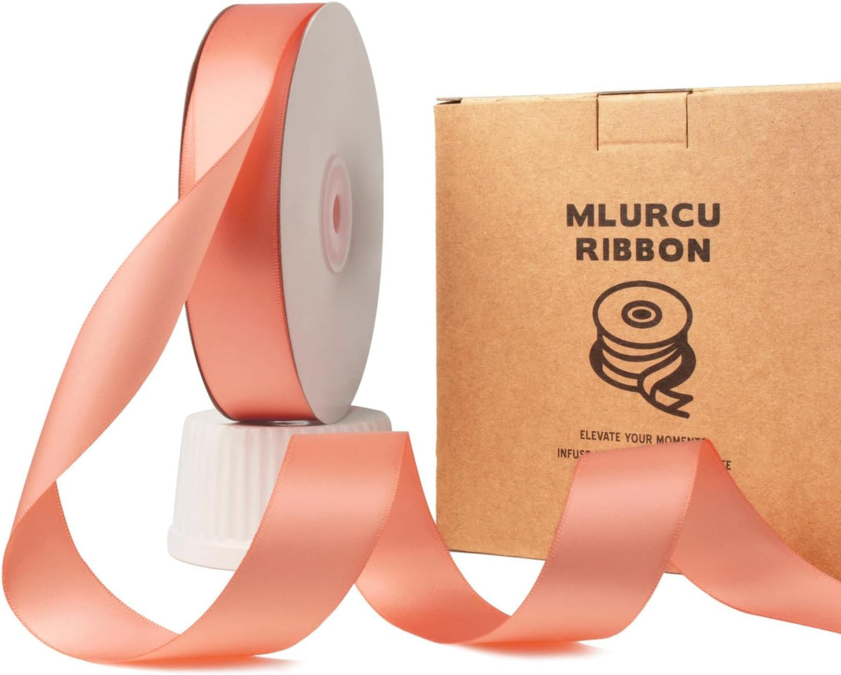 Peach Satin Ribbon - 1 Inch, 50 Yds Double Faced, Polyester Silk, Thick for Gift Wrapping, Flower Bouquets, Wedding Invitations, Hair Bows & Crafts