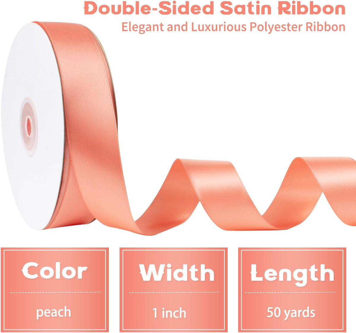 Peach Satin Ribbon - 1 Inch, 50 Yds Double Faced, Polyester Silk, Thick for Gift Wrapping, Flower Bouquets, Wedding Invitations, Hair Bows & Crafts
