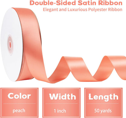 Peach Satin Ribbon - 1 Inch, 50 Yds Double Faced, Polyester Silk, Thick for Gift Wrapping, Flower Bouquets, Wedding Invitations, Hair Bows & Crafts
