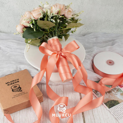 Peach Satin Ribbon - 1 Inch, 50 Yds Double Faced, Polyester Silk, Thick for Gift Wrapping, Flower Bouquets, Wedding Invitations, Hair Bows & Crafts