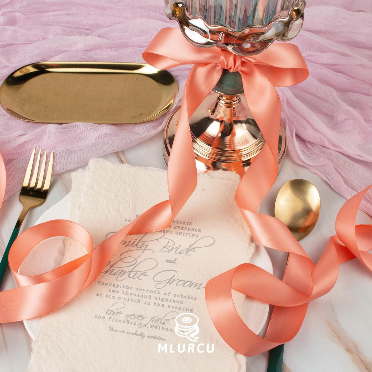Peach Satin Ribbon - 1 Inch, 50 Yds Double Faced, Polyester Silk, Thick for Gift Wrapping, Flower Bouquets, Wedding Invitations, Hair Bows & Crafts