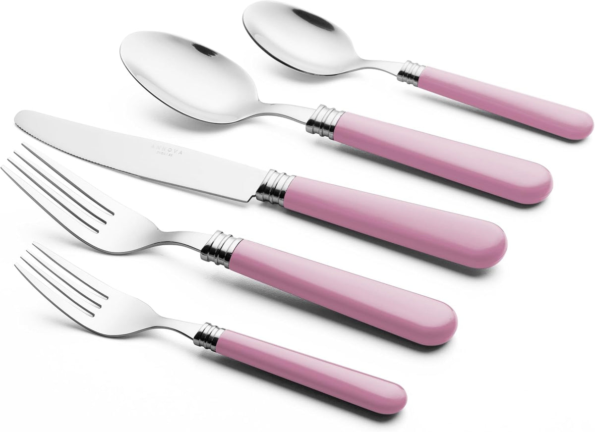 ANNOVA Silverware Set 20 Pieces Cutlery Stainless Steel Colorful Fun Handle Flatware Service for 4 - Dinner Knife, Dinner Fork, Salad fork, Dinner Spoon, Dessert Spoon (Light Pink, 20 Pieces)