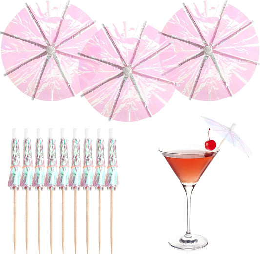 150Pcs Drink Cocktail Umbrellas Mini Pink Transparent Umbrella Picks for Drink Dessert Cupcake Toppers Tropical Cocktail Umbrellas for Hawaiian Luau Tiki Summer Pool Party Decorations
