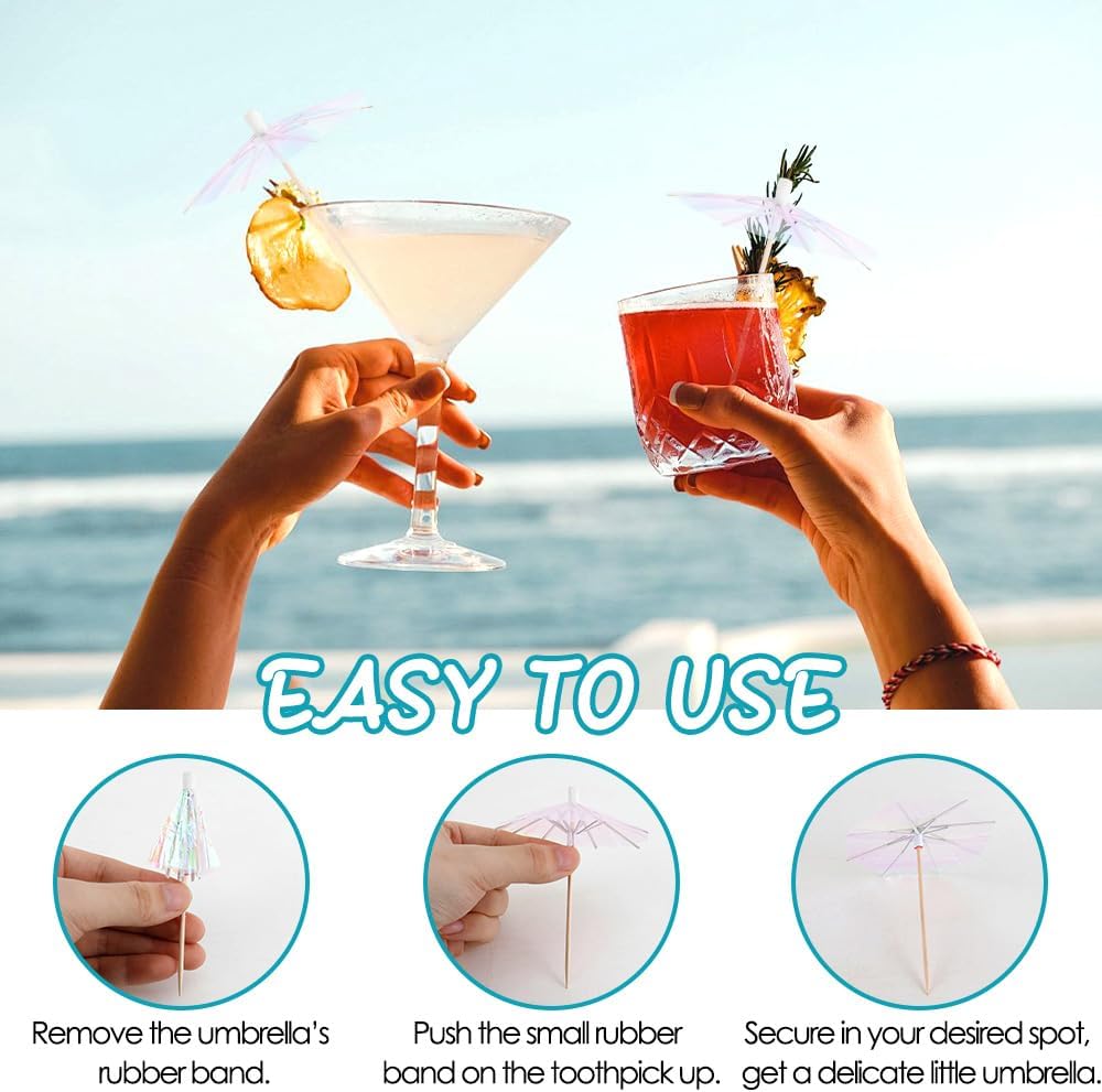 150Pcs Drink Cocktail Umbrellas Mini Pink Transparent Umbrella Picks for Drink Dessert Cupcake Toppers Tropical Cocktail Umbrellas for Hawaiian Luau Tiki Summer Pool Party Decorations