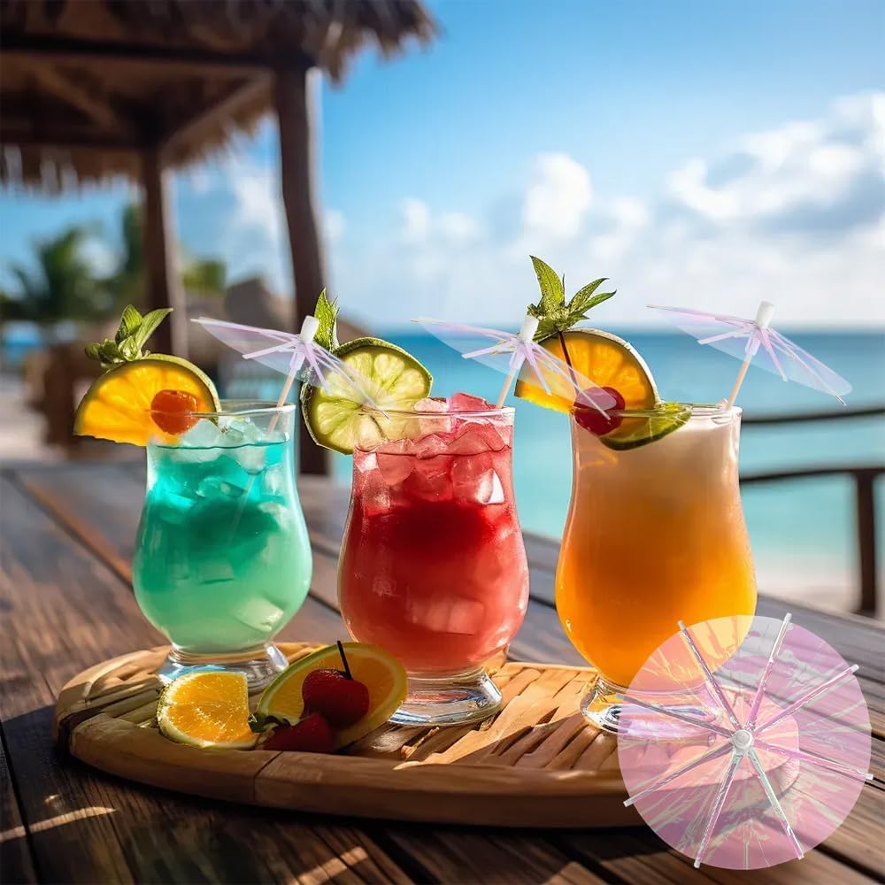 150Pcs Drink Cocktail Umbrellas Mini Pink Transparent Umbrella Picks for Drink Dessert Cupcake Toppers Tropical Cocktail Umbrellas for Hawaiian Luau Tiki Summer Pool Party Decorations