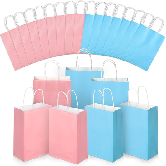 32 Pcs Paper Gift Bags Bulk with Handle, 6.3 x 3.2 x 8.6 Inch Assorted Colors Kraft Goodie Candy Treat Gift Wrap Bags for Wedding Birthday Graduation Father Day(Blue and Pink)