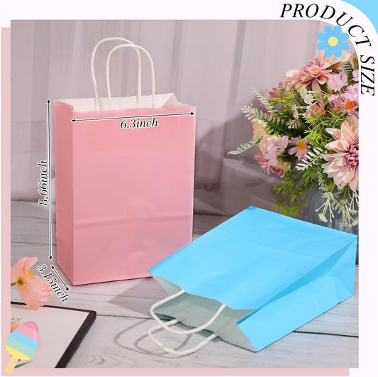 32 Pcs Paper Gift Bags Bulk with Handle, 6.3 x 3.2 x 8.6 Inch Assorted Colors Kraft Goodie Candy Treat Gift Wrap Bags for Wedding Birthday Graduation Father Day(Blue and Pink)