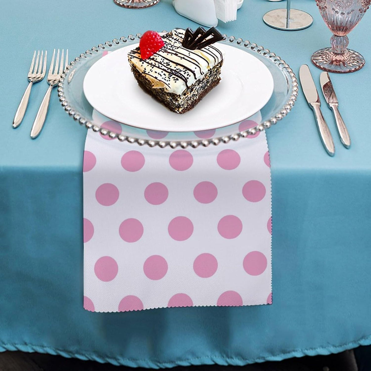 Light Pink Dot Cloth Napkins Set of 6, Square Premium Reusable Washable Polyester Table Linen Napkin for Dinner Party
