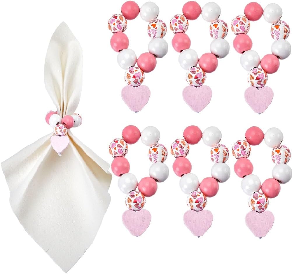 6 Sets Napkin Holder Ring Napkin Rings Set Napkin Ring Beaded Romantic Love Heart Pink Wood Beads Napkin Holders Buckle for Christmas Valentines Day Wedding Dinner Table Banquet Party Decor