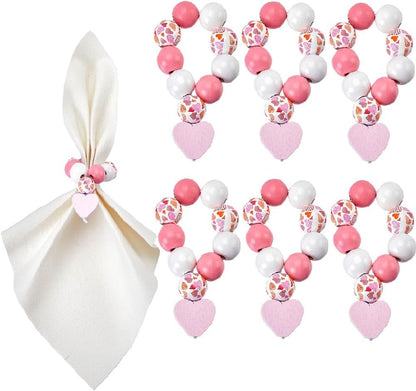 6 Sets Napkin Holder Ring Napkin Rings Set Napkin Ring Beaded Romantic Love Heart Pink Wood Beads Napkin Holders Buckle for Christmas Valentines Day Wedding Dinner Table Banquet Party Decor