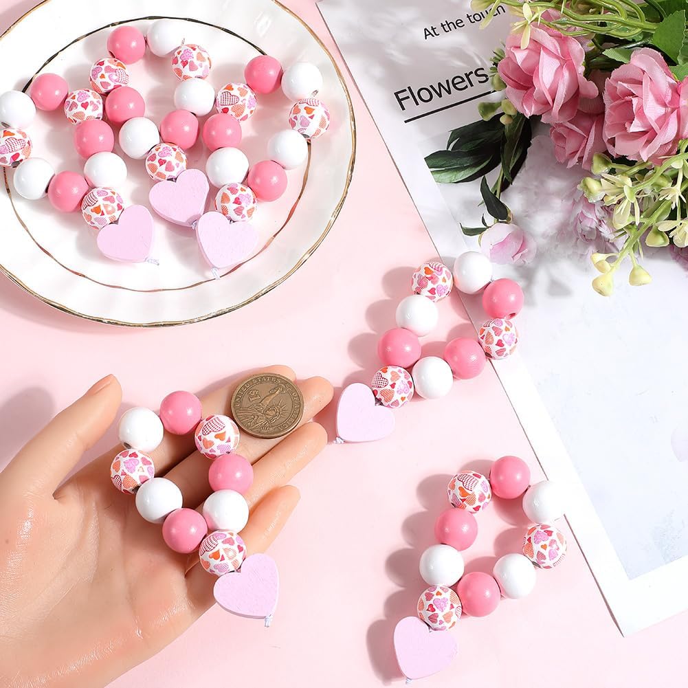 6 Sets Napkin Holder Ring Napkin Rings Set Napkin Ring Beaded Romantic Love Heart Pink Wood Beads Napkin Holders Buckle for Christmas Valentines Day Wedding Dinner Table Banquet Party Decor