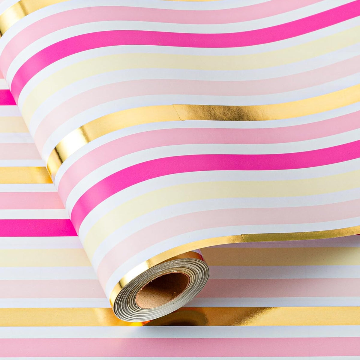 Pink Wrapping Paper,Metallic Pink & Gold Foil Shimmering Stripe Gift Wrap With Grid Cutting Lines for Girls,Wedding,Baby Shower,Birthday (17 IN x 32.8 FT)