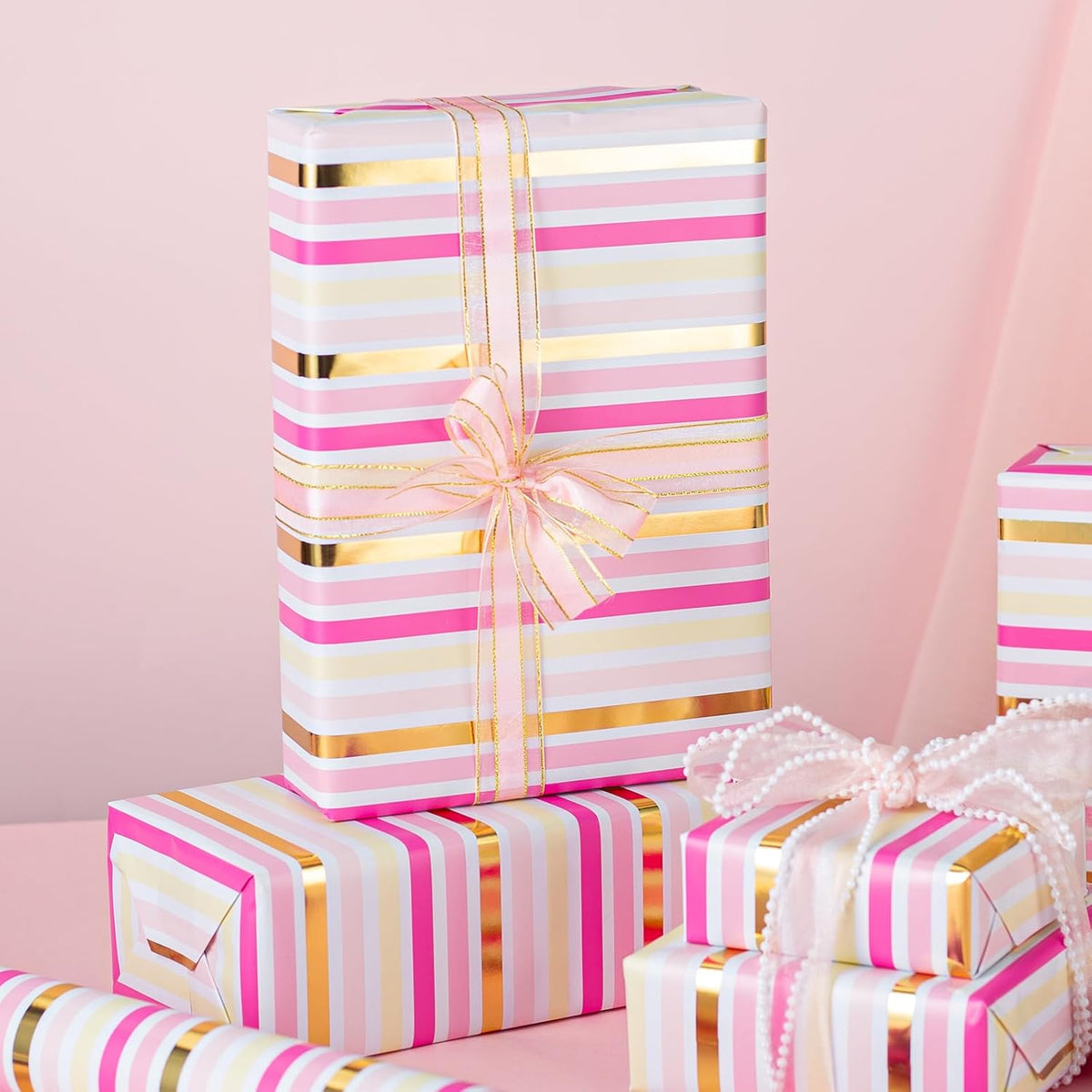 Pink Wrapping Paper,Metallic Pink & Gold Foil Shimmering Stripe Gift Wrap With Grid Cutting Lines for Girls,Wedding,Baby Shower,Birthday (17 IN x 32.8 FT)