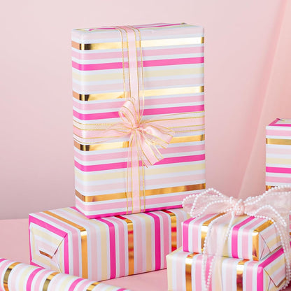 Pink Wrapping Paper,Metallic Pink & Gold Foil Shimmering Stripe Gift Wrap With Grid Cutting Lines for Girls,Wedding,Baby Shower,Birthday (17 IN x 32.8 FT)
